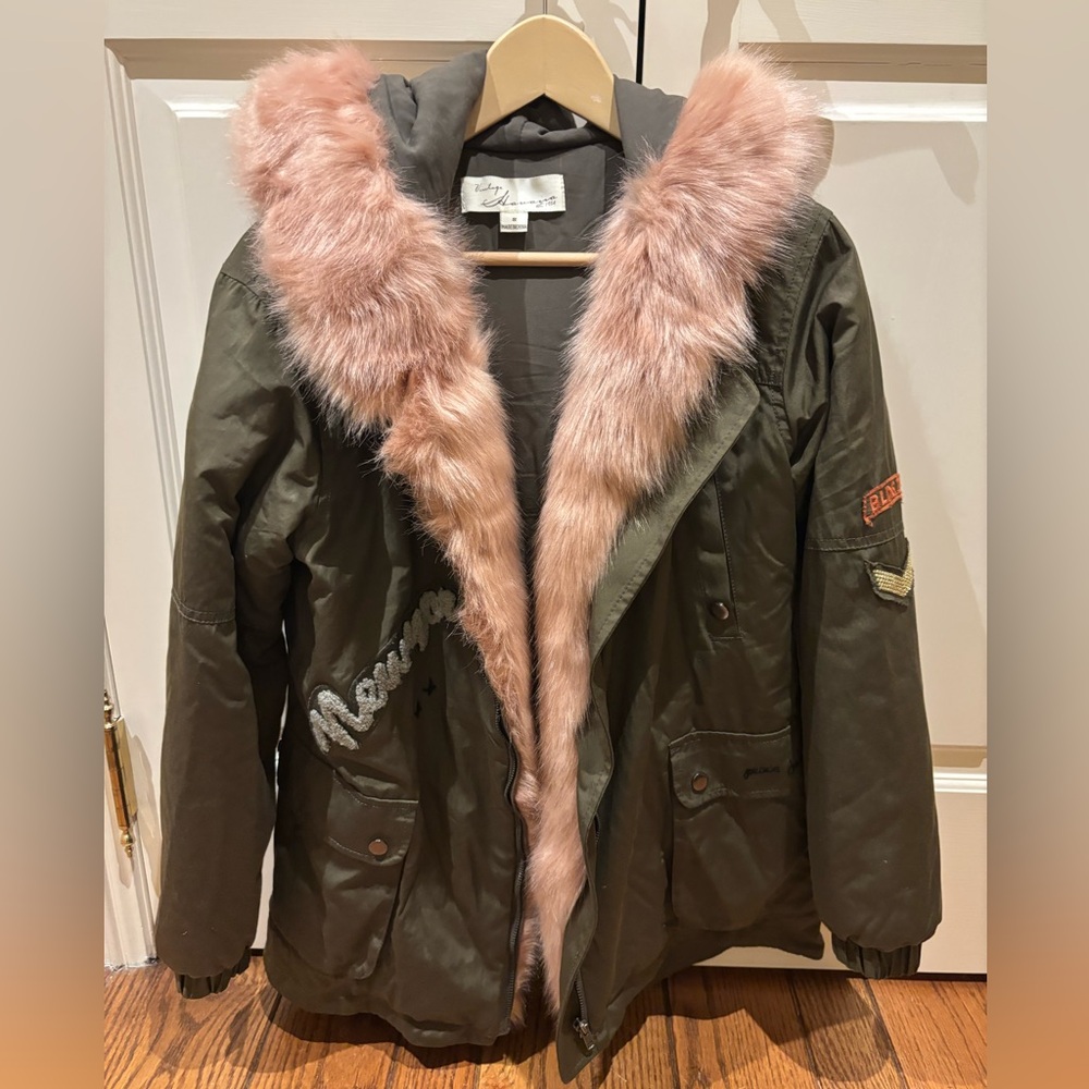 Vintage Havana Olive Utility Jacket with Pink Fur Collar